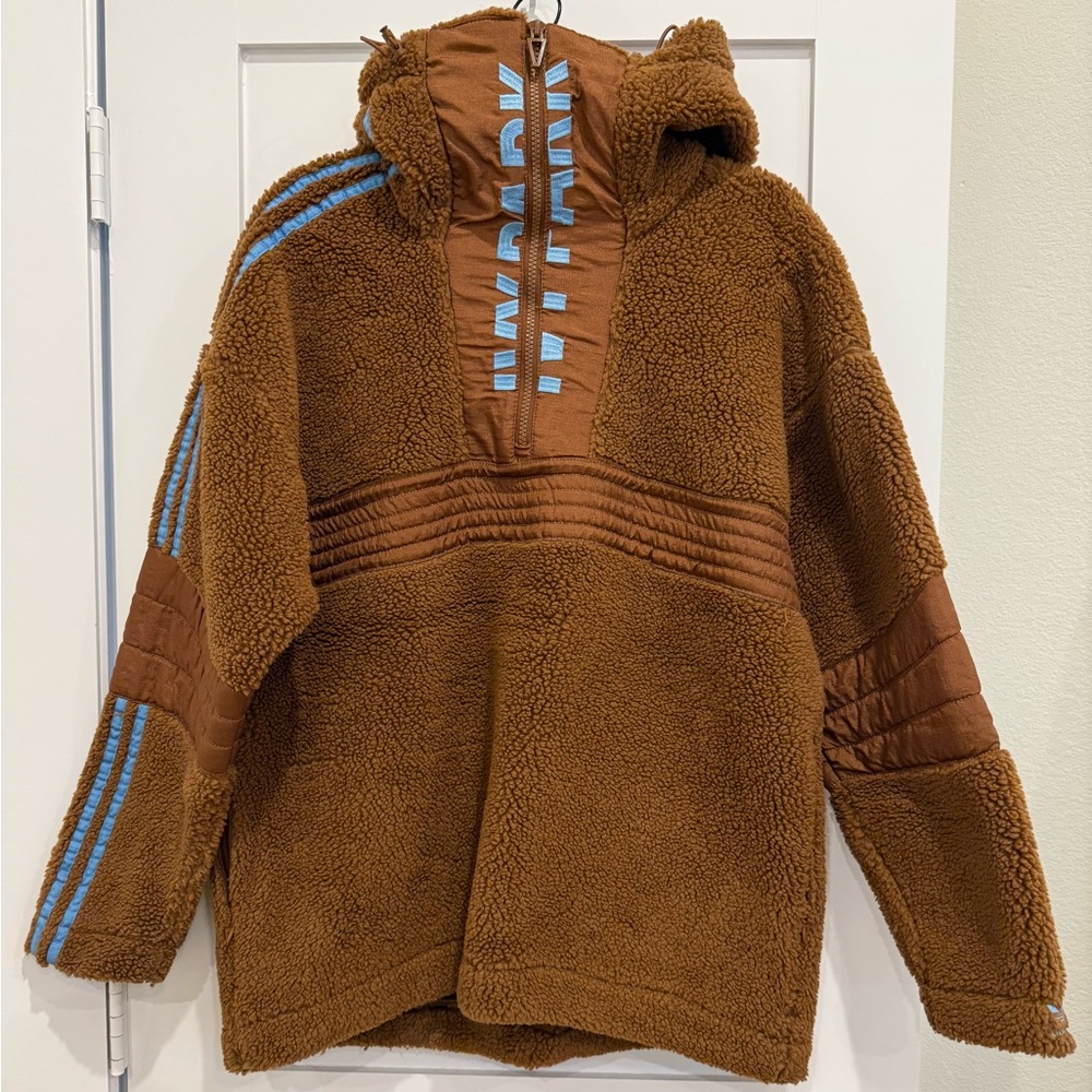 IVY PARK adidas Brown Zip Up Sherpa Jacket with Blue Stripes